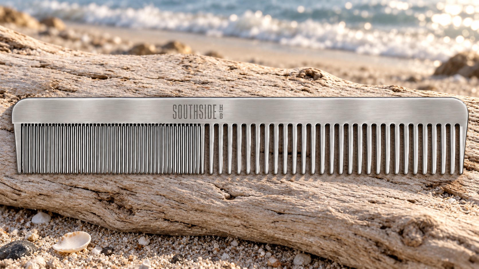 SOUTHSIDE STEEL stainless comb in a coastal beach setting.
