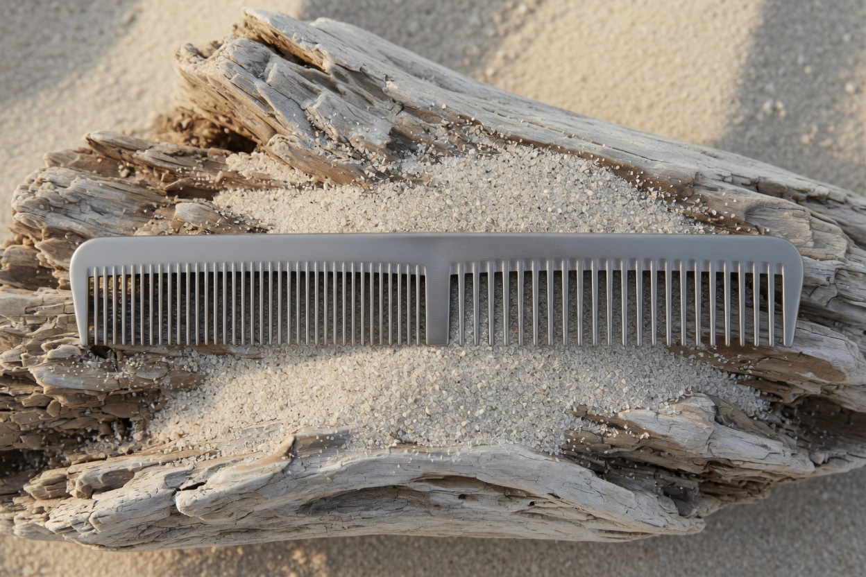 Stainless dual-tooth metal comb on driftwood and beach sand.