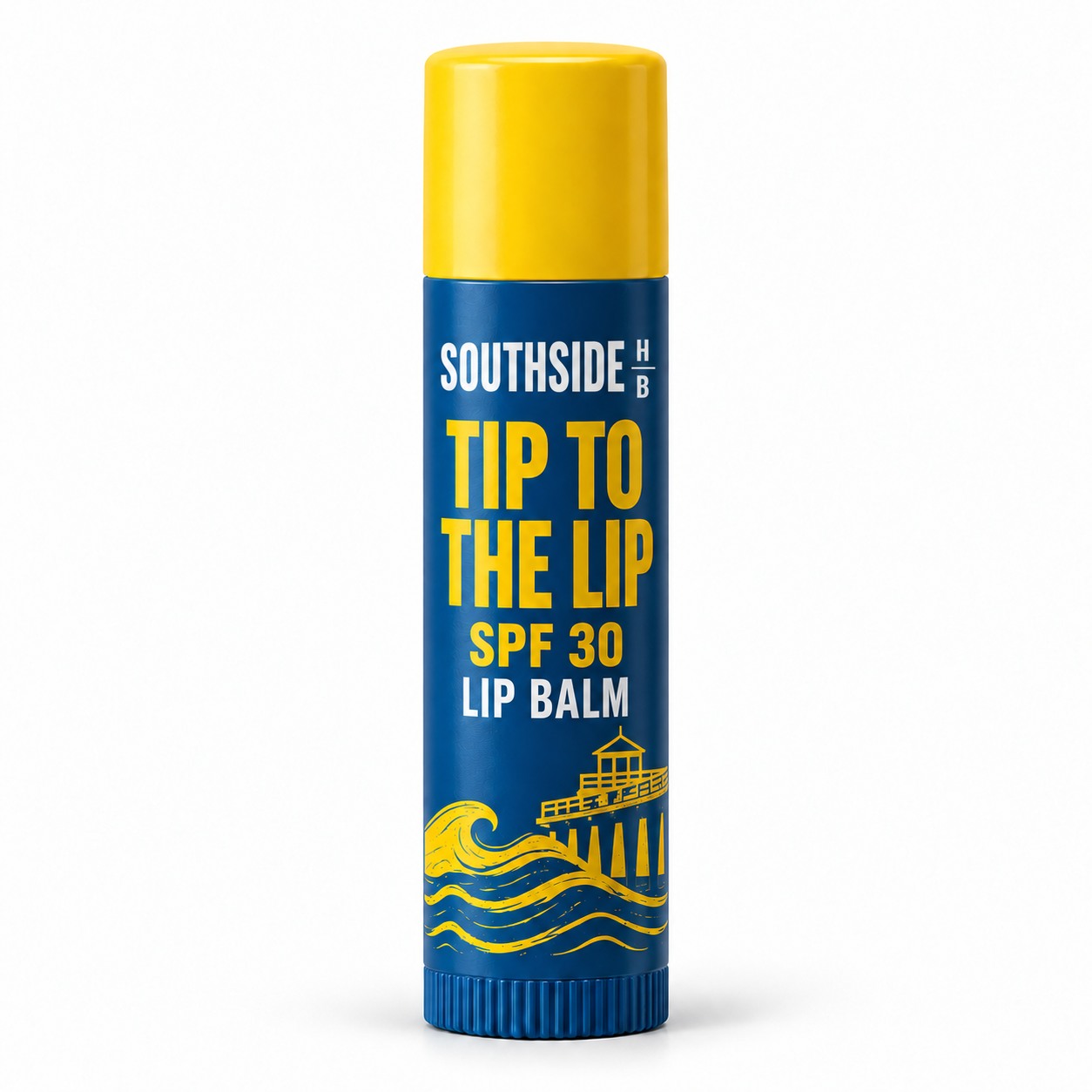 Tip to the Lip navy twist-up lip balm with its yellow cap and SPF 30 concept label.