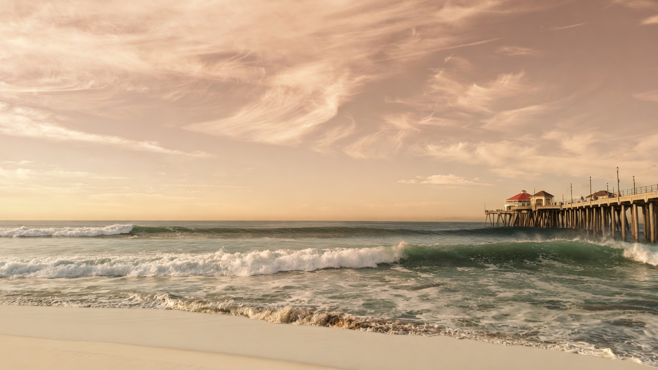 Huntington Beach pier from the south side, waves in the foreground, pier on the right.