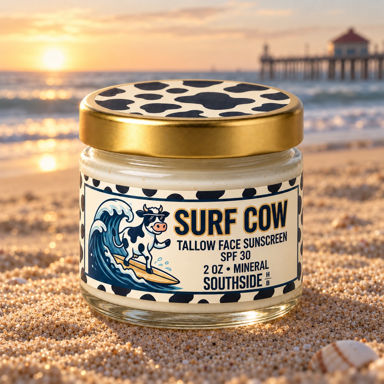 SURF COW jar concept with surfing cow label and cow-print lid on the sand.