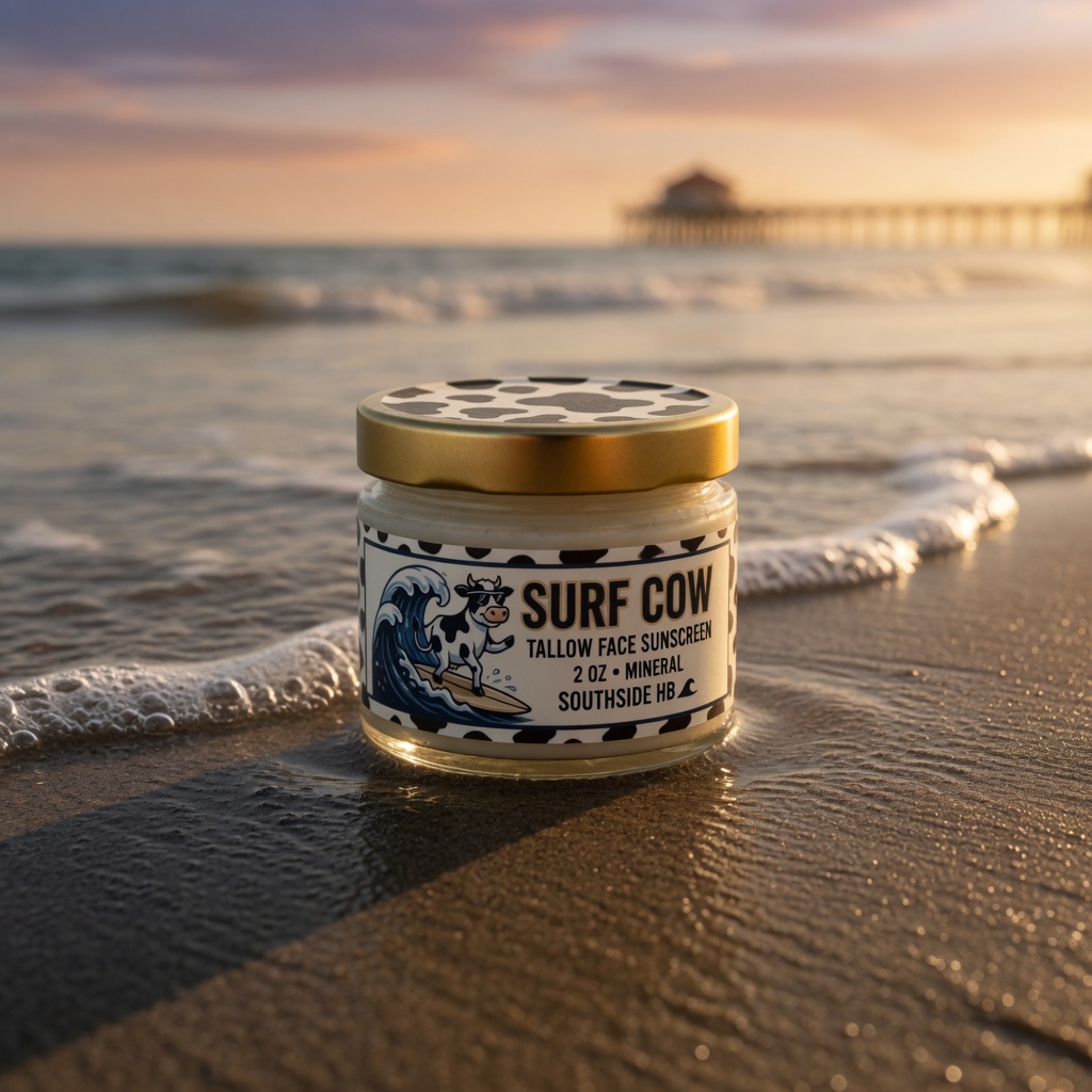 SURF COW tallow face sunscreen in a labeled 2oz glass jar on the sand, cow-print lid and a surfing cow on the label.