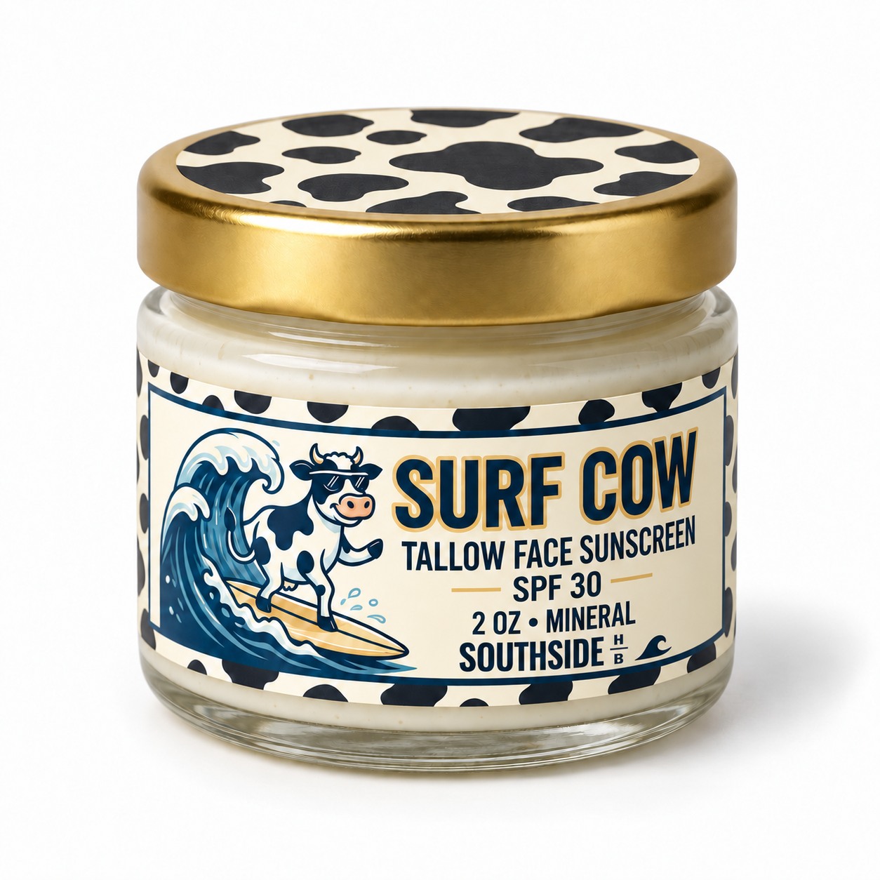 SURF COW SPF 30 concept jar with its surfing cow mascot and spotted gold lid.
