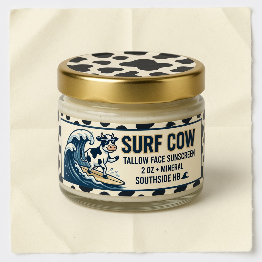 Surf Cow tallow face sunscreen in a labeled 2oz glass jar with a surfing cow and cow-print lid.