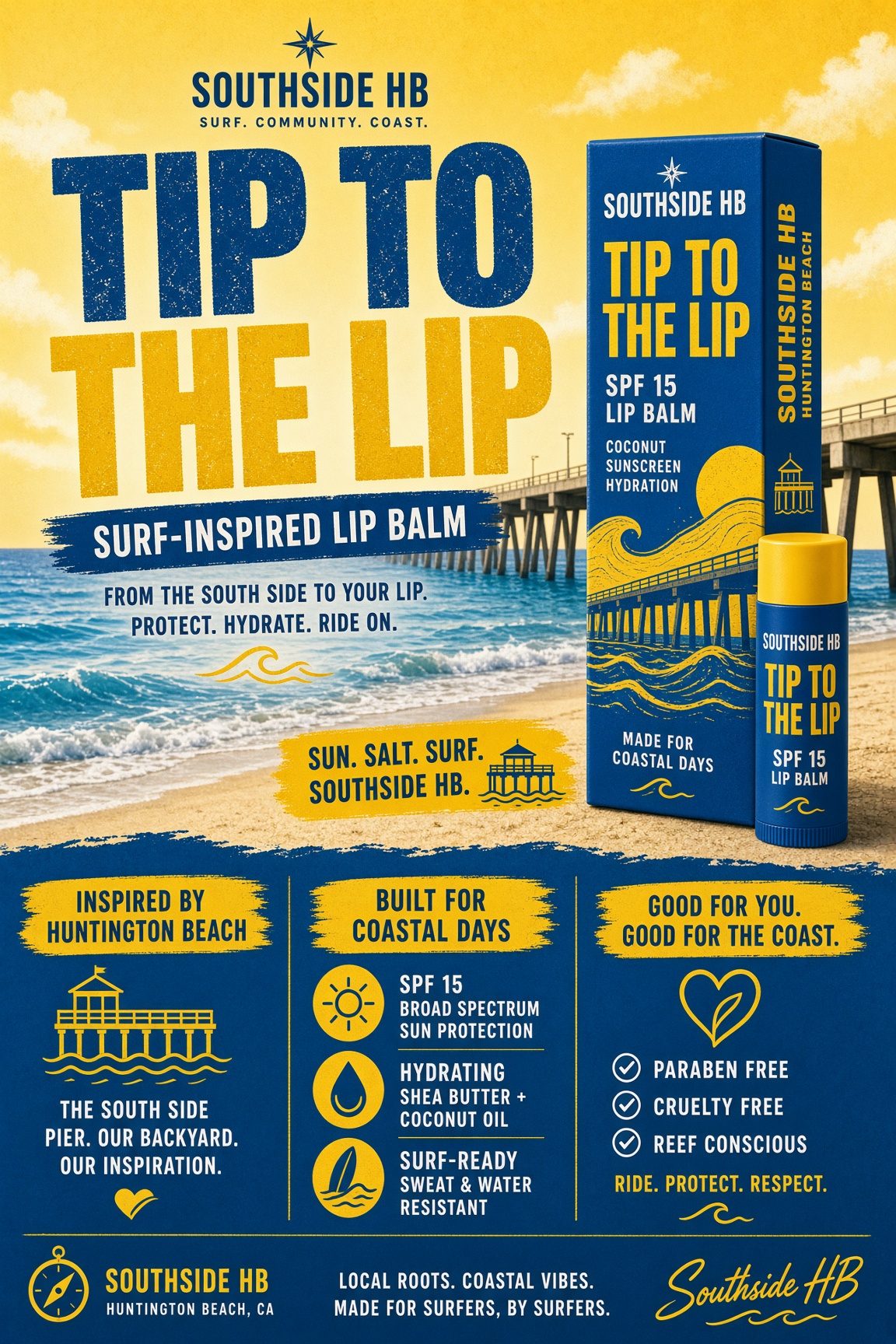 Tip to the Lip SPF 15 lip balm box and tube. SOUTHSIDE HB packaging on the beach.