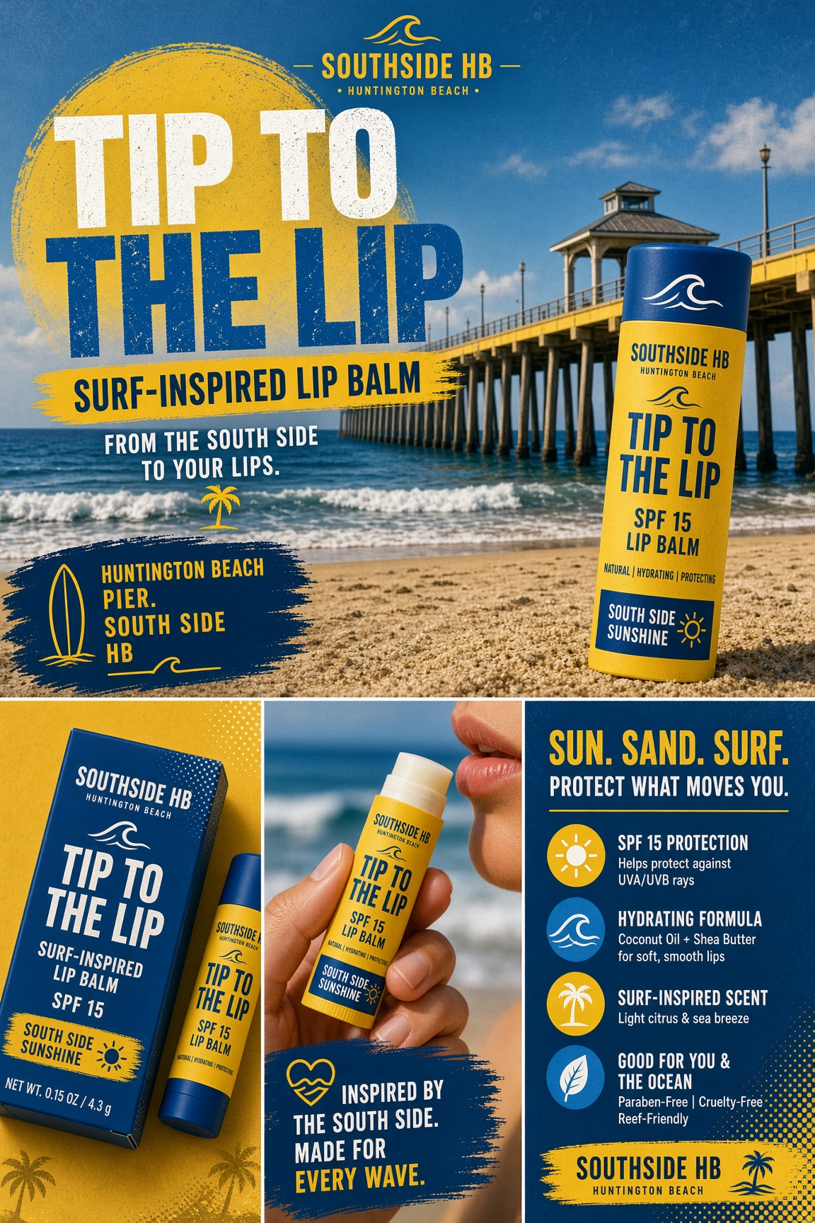 Tip to the Lip SPF 15 lip balm tube on the sand with the Huntington Beach pier.