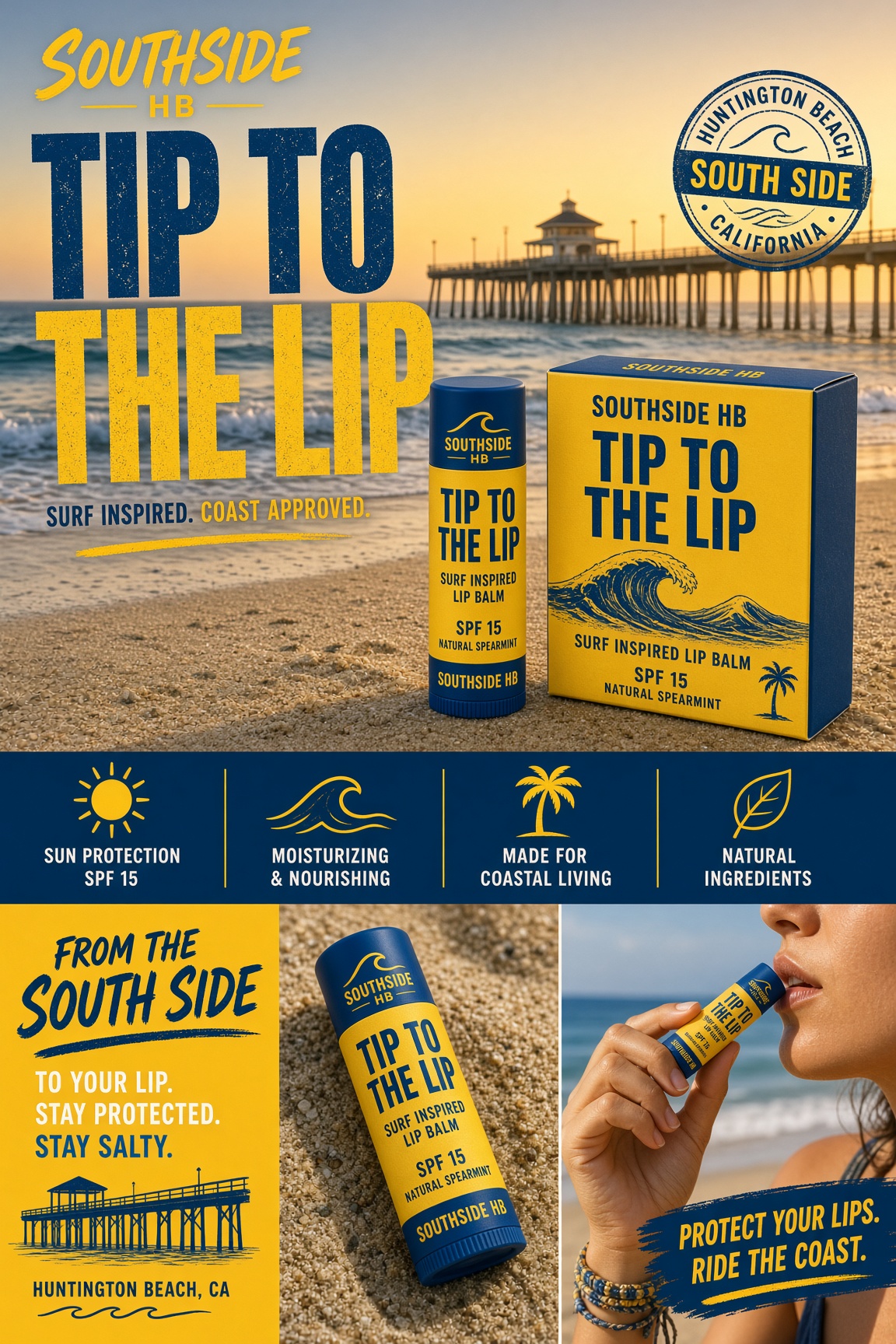 Tip to the Lip SPF 15 tube, box, and beach lifestyle.