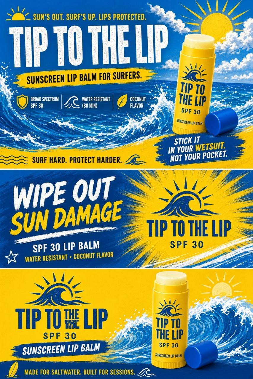 Tip to the Lip sunscreen lip balm for surfers. SPF 30, water resistant, coconut flavor.